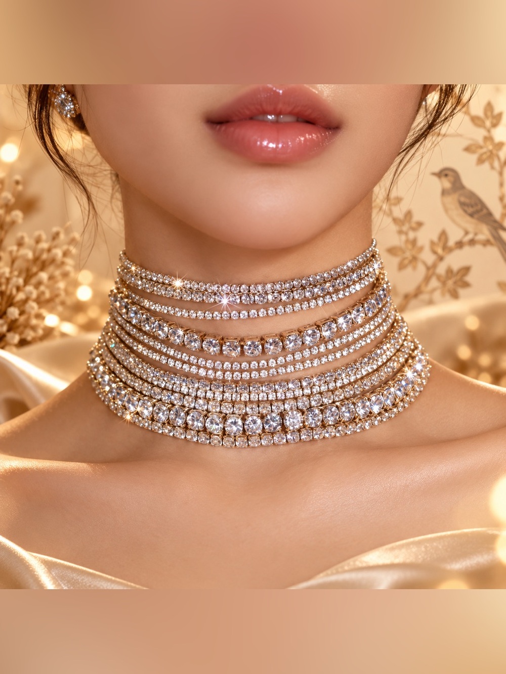 Layered Crystal Rhinestone Choker Necklace Statement Collar Jewelry Fifi’s Close